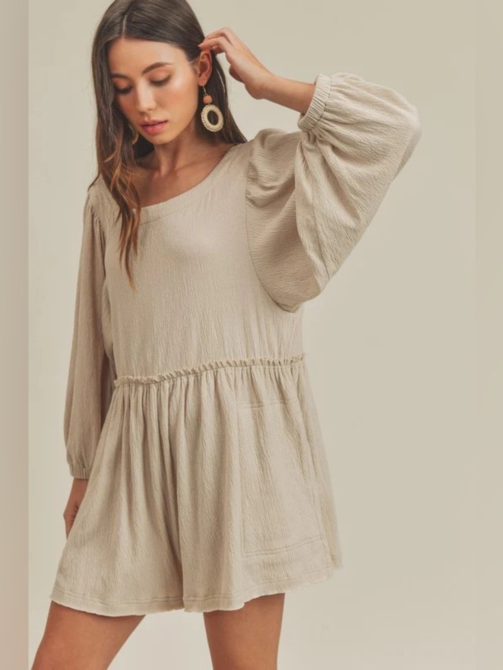 AEMI + Co Beige Smocked Waist Babydoll Dress - Long Balloon Sleeves EUC